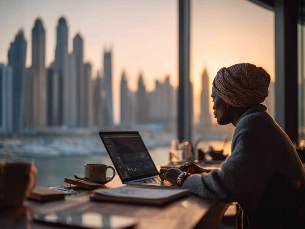 digital marketer working on laptop in Dubai office